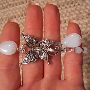 opalite beaded butterfly necklace in silvertone, 20 inches.